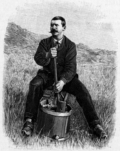 A indústria leiteira em França - fabrico de manteiga de soro de leite: barragem em Lozere. Gravura em "La Nature: Revue des sciences et de leurs applications aux arts et a l