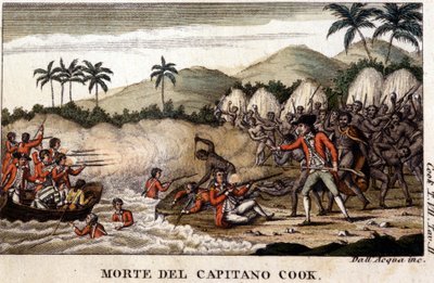 A morte do Capitão Cook depois do "Viaggi del Capitano Cook" Milão 1820 de Unknown artist