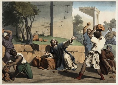 A morte de Santo Estêvão: Santo Estêvão apedrejado pelos judeus é considerado o primeiro mártir cristão. Gravura anónima de meados do século XIX. de Unknown artist