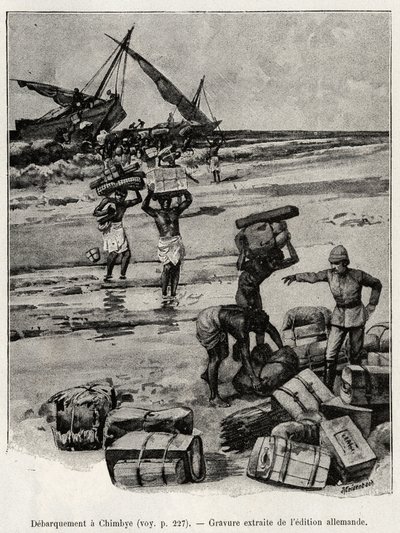 O descasque em Chimbye (Tanzânia) da expedição de Peters. Gravura para ilustrar a história "Au secours d