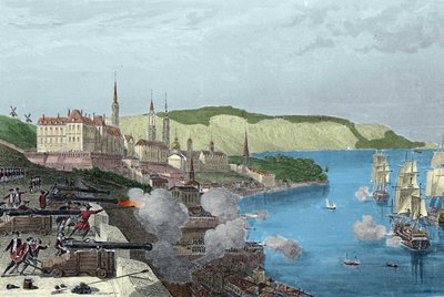 A defesa do Quebec pelo Conde Luís de Buade, Conde de Frontenac (1622-1698) em 16/10/1690. Gravura colorida em "Histoire generale de la marine", de Van Tenac de Unknown artist