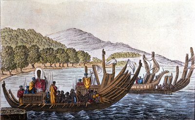 O departamento de Polinésios para o Pacífico a bordo de canoas de casco duplo. Litografia do início do século XIX de Unknown artist