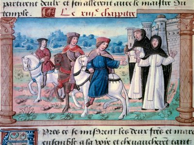 As partidas dos irmãos Nicolo e Matteo Polo, pai e tio do jovem Marco Polo (1254-1324) com o jovem por volta de 1271. Miniatura tirada de "O Livro das Maravilhas" ("Devisement du monde", "Il Milione") de Marco Polo (1254-1324) 1298 Biblico de Unknown artist