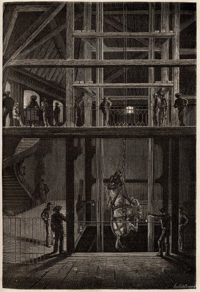 A descida de um cavalo nas minas de Creusot, utilizado em túneis subterrâneos para o transporte de carretas de carvão. Gravura para ilustrar uma viagem ao Creusot e às minas de Saone e Loire, em 1865, por L. Simonin, em "Le tour du monde, nouveau journal d de Unknown artist
