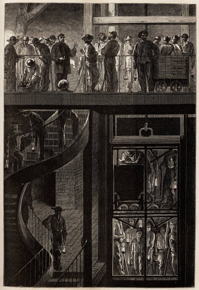A descida dos mineiros (homens, mulheres e crianças) através da gaiola do elevador para as galerias subterrâneas das minas de carvão de Creusot. Gravura para ilustrar uma viagem ao Creusot e às minas de Saone e Loire, em 1865, por L. Simonin, em "Le tour d de Unknown artist