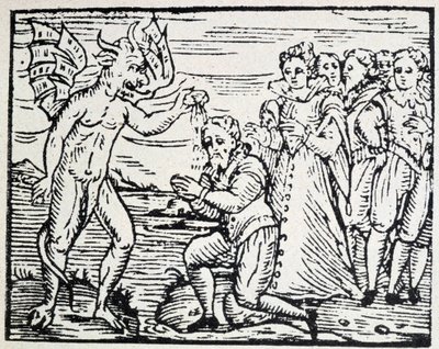 O diabo baptizando homens e mulheres em oração - gravura de Unknown artist