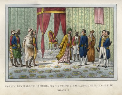 O cônsul de Argel, Hussein, julgando-se ofendido pelo cônsul francês Pierre Deval, tinha-o expulsado do seu caçador de moscas em Abril de 1827. Este episódio foi decisivo na evolução dos acontecimentos que levaram à captura de Argel em 1830. Gravando em" L de Unknown artist