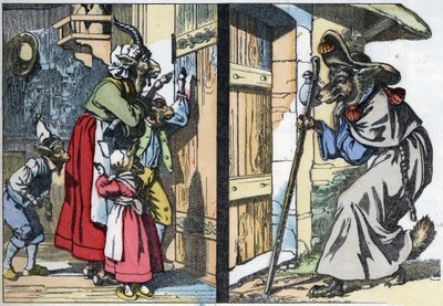 O lobo disfarçado bate à porta da casa com o bode e os biquetes. Ilustração do conto "Compere le Loup, Maitre Renard, Comere la Chevre et ses petits biquets" depois de uma fábula de Jean de la Fontaine. Em "Contos do lar para os pequenos de Unknown artist