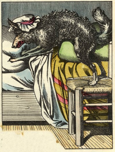 O lobo disfarçado toma o lugar da avó na cama. Ilustração do conto "O Capuchinho Vermelho", de Charles Perrault de Unknown artist