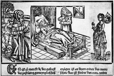 O médico na cama do pestiferé, gravura em madeira do "Liber pestilentialis" de Jérôme Brunschwig, Estrasburgo de Unknown artist