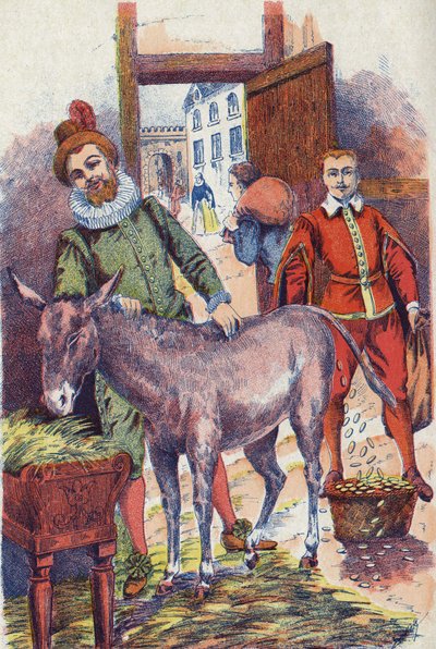 O burro com ecus de ouro. Ilustração do conto "Donkey Skin" de Charles Perrault (1628-1703), escritor francês. Ilustração anônima. Imagery Marcel Vagne, Jarville Nancy, sem data (final do século XIX). de Unknown artist