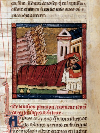 O sonho do Faraó, rei do Egito: a visão das sete vacas magras e das sete vacas gordas, correspondente a sete anos de alimento e sete anos de abundância. Miniatura do manuscrito "História Universal" do século XIII, aproximadamente. LIBERDADE MUNICIPAL de Unknown artist
