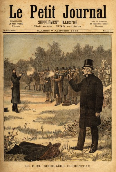 O duelo com a pistola (proibido na França desde 1626) entre os deputados Paul Deroulede (1846-1914) e Georges Clemenceau (1841-1929), sem danos. Gravura no "Le petit journal" 7/01/1893. Coleção da Selva. de Unknown artist