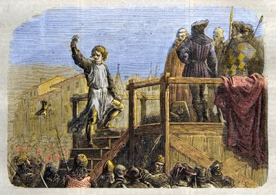 A execução de Conradin (ou Conrado de Hohenstaufen) Rei da Sicília e Duque da Suábia (1252-1268) por ordem de Carlos de Anjou após a batalha de Tagliacozzo em 1268" (Execução de Conradin (ou Conrado o mais jovem), último rei Staufer da Sicília, após de Unknown artist