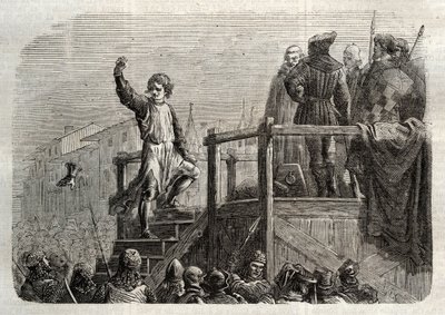 A execução de Conradin (ou Conrado de Hohenstaufen) Rei da Sicília e Duque da Suábia (1252-1268) por ordem de Carlos de Anjou após a batalha de Tagliacozzo em 1268" (Execução de Conradin (ou Conrado o mais jovem), último rei Staufer da Sicília, após de Unknown artist
