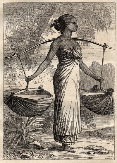 A expedição ao redor do mundo (1790-1792) pelo capitão Etienne Marchand (1755-1793): porta-água em Timor (Timor Leste, Indonésia) -ilustração retirada de "Os Grandes Marinheiros do século 18". de Unknown artist