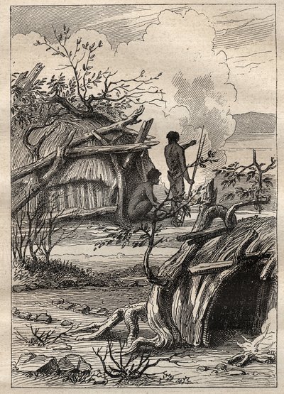 A expedição ao redor do mundo (1790-1792) pelo capitão Etienne Marchand (1755-1793): cabines indígenas da terra de Enddacht (Austrália) - ilustração tirada de "The Great Mariners of the 18th century" (Os Grandes Marinheiros do século XVIII) de Unknown artist