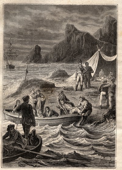 A expedição às terras do sul (1800-1803) por Nicolas Baudin (1754-1803): os doentes de escorbuto foram transportados para terra na Baía de Aventura (Tasmânia, Austrália) - ilustração tirada de "Os Grandes Marinheiros do século XVIII". de Unknown artist
