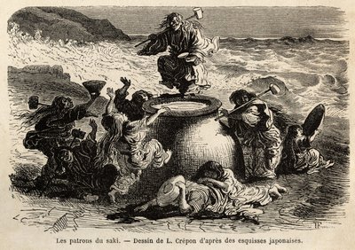 A família dos inventores do saquê, composta por pais e seus oito filhos, chefes colectivos de cervejaria, vivem na costa do grande Oceano, usam um cinto de folhas de carvalho e um longo cabelo ruivo que os cobre até aos quadris, braços de tigelas e de Unknown artist
