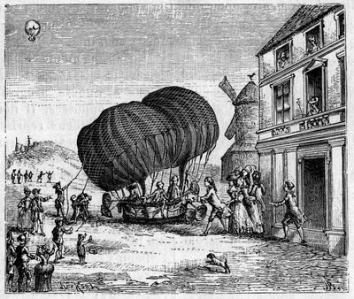O primeiro aerostato alongou os irmãos Robert em frente ao castelo do Príncipe de Ghistelles em 19 de setembro. de Unknown artist
