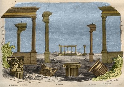 As cinco ordens da arquitectura clássica (antiga): Coríntio, dórico, iónico, toscano e composto, cada uma representada por uma coluna. Gravura de 1857 em "Le Musee Des Sciences". de Unknown artist