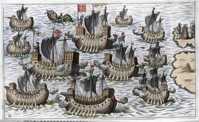 A frota de Cristóvão Colombo para conquistar o novo mundo - in "Nova Tipus Transacto Navigatio Novi Orbi" de Philoponus Honorius de Unknown artist