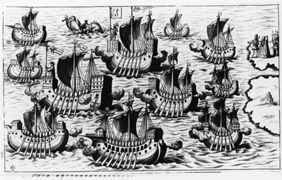 A frota de Cristóvão Colombo para conquistar o novo mundo - in "Nova Tipus Transacto Navigatio Novi Orbi" de Philoponus Honorius de Unknown artist