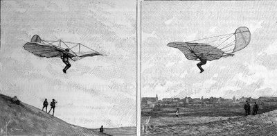 O avião voador de Otto Lilienthal (1848-1896), pioneiro da aeronáutica alemã, em duas posições diferentes (a partir de uma fotografia instantânea). Gravura em "La Nature: Revue des sciences et de leurs applications aux arts et a l