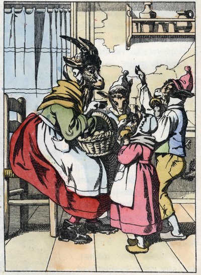 O bode está fora do mercado, ouvindo a história dos biquetes. Ilustração do conto "Compere le Loup, Maitre Renard, Comere la Chevre et ses petits biquets" depois de uma fábula de Jean de la Fontaine. Em "Contos da casa para os pequenos". de Unknown artist