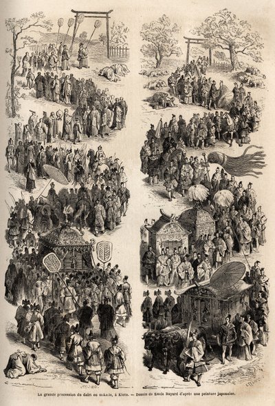 A grande procissão do Mikado (Imperador do Japão), no dairi, o antigo castelo imperial de Heian-kyo (Heian Kyo, hoje Kyoto) de 794 a 1869. Gravura para ilustrar a viagem ao Japão em 1863-1864, de Aime Humbert, ministro da Suíça. de Unknown artist