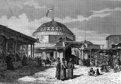 O grande bazar de Samarkand (Samarqand ou Samarkand) no Uzbequistão, no século XIX. Gravura em "le journal de la Jeunesse" de 1888. de Unknown artist