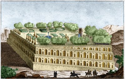 Os jardins suspensos da lendária rainha Semiramis na Babilónia, uma das sete maravilhas do mundo. Gravura de 1829 em "História Antiga" de Rollin. de Unknown artist
