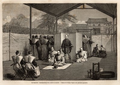 O hara kiri: condenação de um nobre ao suicídio ritual; condena-o, um joelho no tapete branco usará a faca para lhe abrir a barriga, depois o samurai fica atrás dele, decapita-o com uma espada. Gravura para ilustrar a viagem ao Japão, em 1863-186 de Unknown artist