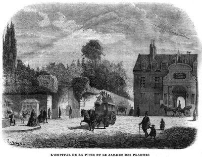 O hospital de pitie salpetriere (PITIE-SALPETRIERE) e o jardim de plantas em Paris, em 1858. de Unknown artist