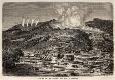 A fonte quente de Te Tarata, rodeada por terraços sobrepostos de sílica branca, à esquerda, quatro gêiseres e à direita, lago e cascata, desenhada por Lancelot, para ilustrar a viagem de Ferdinand de Hochstetter à Nova Zelândia de 1858 a 1860. Engr de Unknown artist