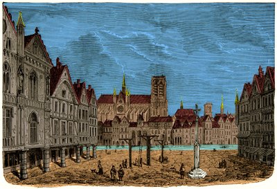 A casa com os pilares ou casa do Dauphin, antigo e primeiro hotel da cidade de Paris na Idade Média, gravura do século XIX de Unknown artist
