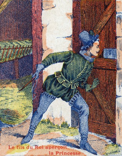 O filho do rei viu a princesa. Ilustração do conto "Donkey Skin" de Charles Perrault (1628-1703), escritor francês. Imagery Marcel Vagne, Jarville Nancy, sem data (final do século XIX). de Unknown artist
