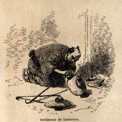 O grampo da lanterna, sem qualquer instrumento que não seja um grampo, ajusta às lanternas de papel a sua estrutura de arcos e ganchos de arame. Gravura para ilustrar a viagem ao Japão, de Aime Humbert, ministro da Confederação Suíça, em 1863-1864, publico de Unknown artist