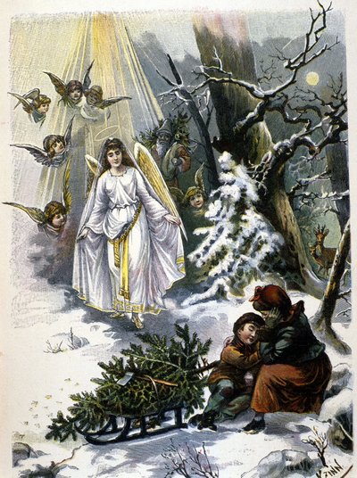 A lenda da árvore de Natal: o aparecimento de um anjo. Ilustração do século XIX. de Unknown artist