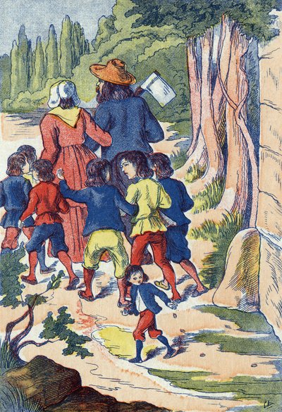 O pequeno poucet semeia rochas no seu caminho. Ilustração para "Le Pepetit poucet", conto de Charles Perrault (1628-1703), escritor francês. Ilustração anônima. Imagery Marcel Vagne, Jarville Nancy, sem data (final do século XIX). de Unknown artist