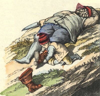 O pequeno poucet rouba as botas de 7 lugares do ogre adormecido. Ilustração do conto "Le Pepetit Poucet" de Charles Perrault de Unknown artist