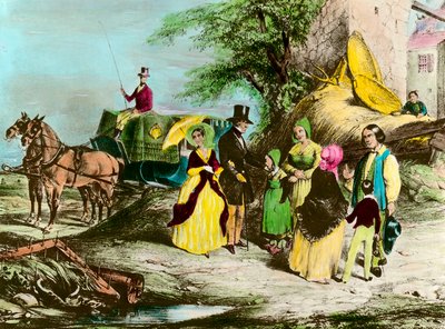 O senhor e seu fazendeiro O dono da fazenda visita os camponeses. Gravura da Coleção Privada do século XIX de Unknown artist