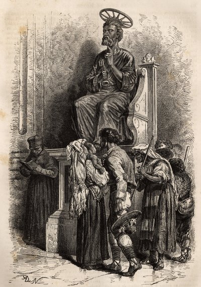O pé inferior da estátua de bronze de São Pedro, um objeto de veneração pelos pelerins católicos que entram na Basílica de São Pedro do Vaticano. Gravura para ilustrar a história de Ludovic Celler: la semaine sainte à Rome, en 1863, in "Le tour du monde, n de Unknown artist