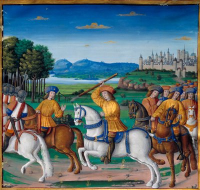 A loucura de Carlos VI (1368 - 1422). Em 5 de agosto de 1392, na floresta de Le Mans, ele começou a experimentar ataques de furiosa loucura: gritando por traição, ele atacou sua própria tropa e matou quatro pessoas. Crónicas de Enguerrand de Monstrelet (v. de Unknown artist