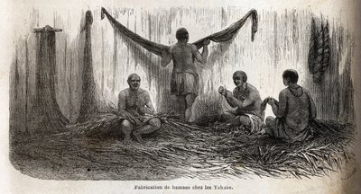 A confecção de filés de rede entre os índios Yahua do Peru, a partir de finos fios de palmeira de chambira tressees. Gravura para ilustrar a viagem do Oceano Pacífico à L