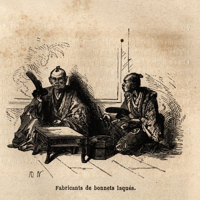 O fabricante de copos lacados. Gravura para ilustrar a viagem ao Japão em 1863-1864, de Aime Humbert, ministro da Confederação Suíça, no "Le tour du monde, nouveau journal des voyages", publicado sob a direção de Edouard Charton de Unknown artist