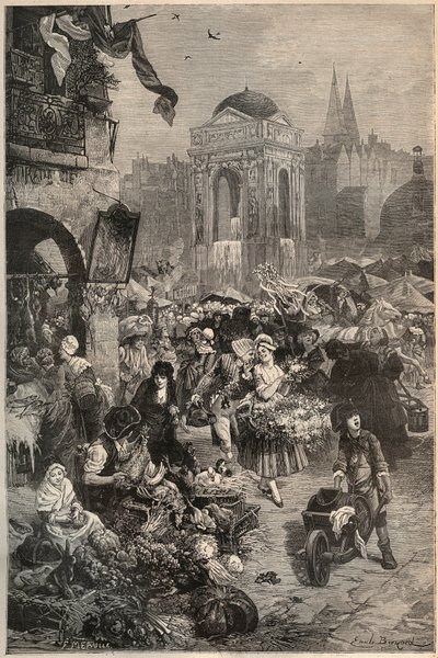 A marcha e a fonte dos Inocentes, Paris no século XVIII - gravura do século XIX de Unknown artist