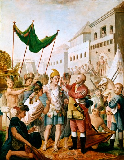 O encontro entre Hernan Cortes ou Fernand Cortez e Montezuma em novembro de 1519 de Unknown artist