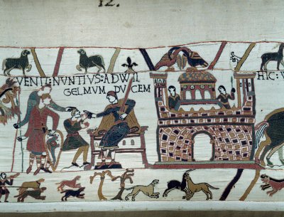 Os mensageiros do Rei da Normandia Guilherme o Conquistador (1027-1087) informaram-no que Haroldo, que veio da Inglaterra em nome do Rei Eduardo, o Confessor da Inglaterra, foi feito prisioneiro pelo Conde Guy de Ponthieu Detalhe da Tapeçaria de Bayeux ou  de Unknown artist