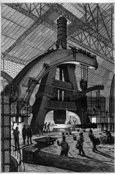 A indústria metalúrgica: a Forja. O martelo a vapor Creusot (martelo de tambor) como instalado nas fábricas Schneider e Compagnie. Gravação em "La Nature". de Unknown artist